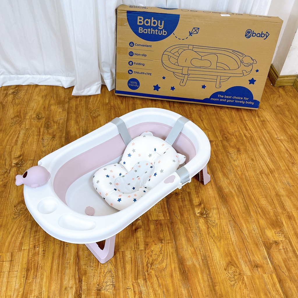 Chậu tắm cho bé gấp gọn kèm lưới/phao nằm tắm và đồ chơi màu hồng 9BABY