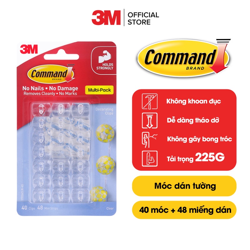 Bộ 20 Móc dán tường trong suốt Command 3M tải trọng 225g - phù hợp cho trang trí 17026