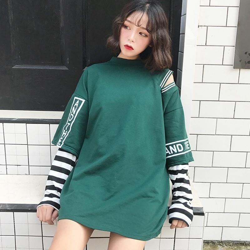 offermore□□ Women Hip-Pop Korean Style Punk Girls Hole Fake Harajuku Style Wear Loose áo rút áo tiểu thư áo bigsize