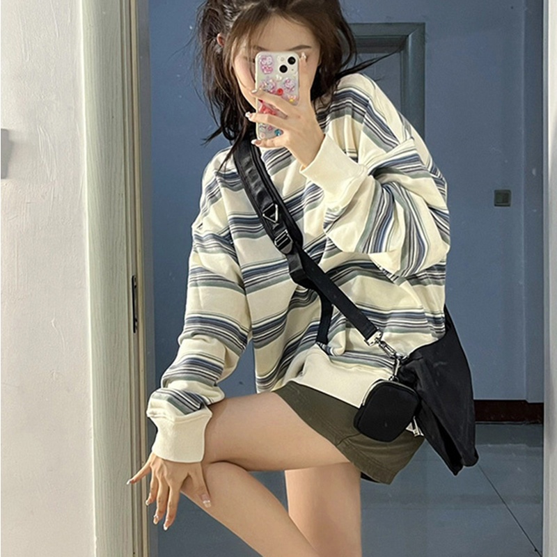 Áo Hoodies Tay Dài Hoạ Tiết Kẻ Sọc Thiết Kế Mới Thời Trang Mùa Thu Cho Phái Nữ