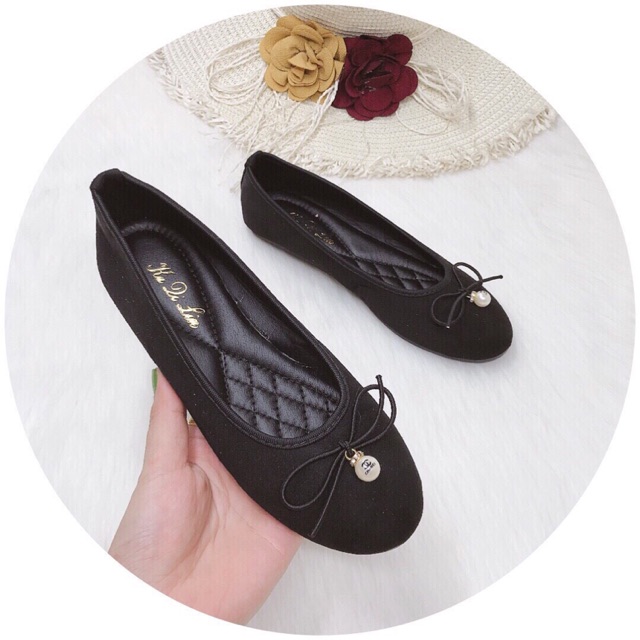 Giày búp bê nơ ngọc mũi tròn