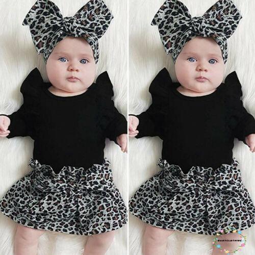 ღWSVღNewborn Baby Girl Autumn Winter Long Sleeve Romper Bodysuit Leopard Skirt Headband Outfits Set