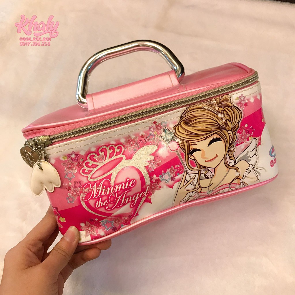 Túi xách tay, túi đựng mỹ phẩm 1 ngăn rộng hình Hello Kitty, cô gái Minmie màu hồng siêu xinh -