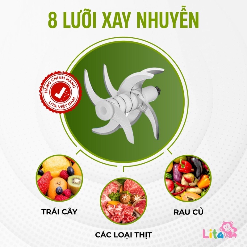 Máy xay ăn dặm đa năng Lita Chim Cánh Cụt 8 Lưỡi Cối Thuỷ Tinh