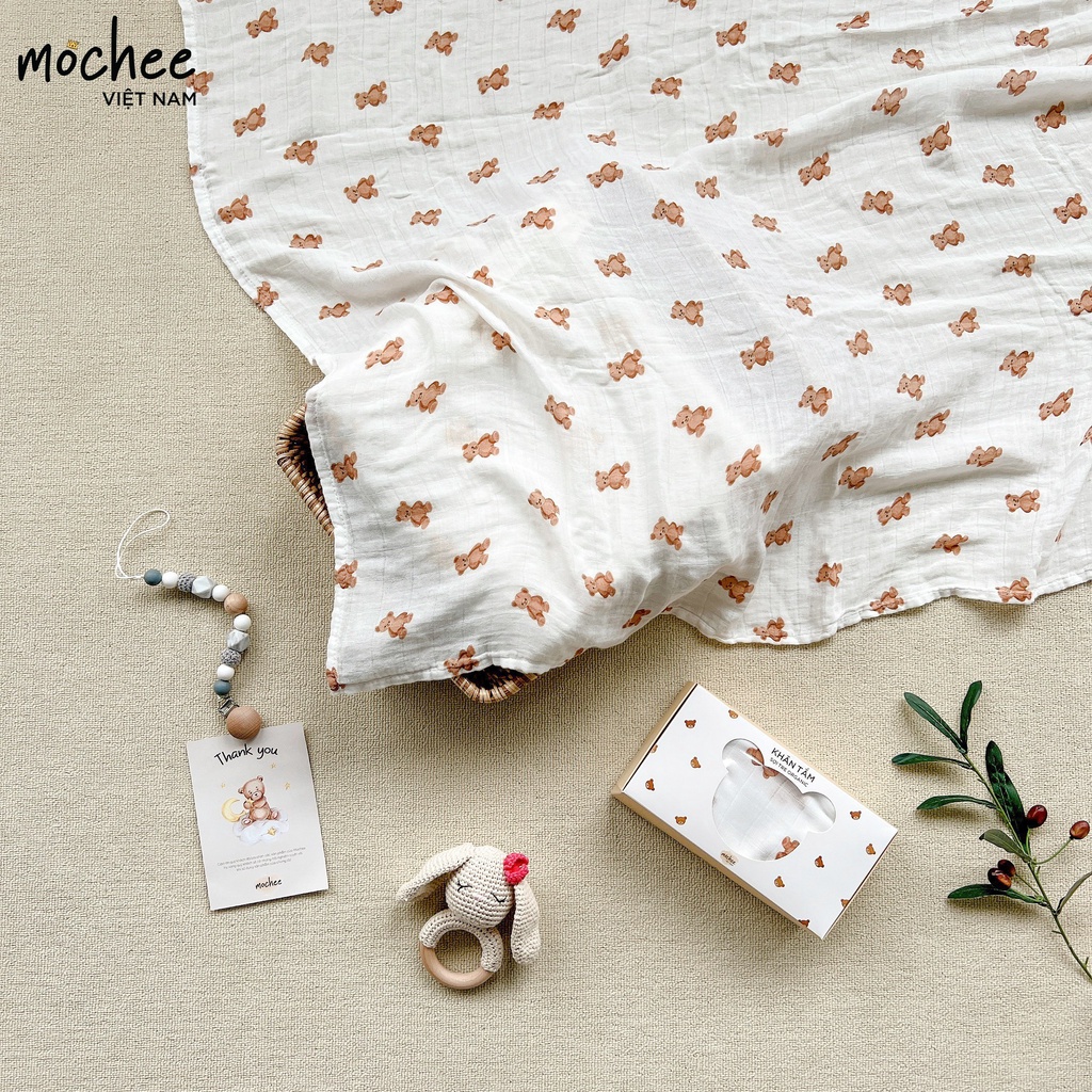 Khăn Tắm Đa Năng MOCHEE VIỆT NAM Hình Gấu Dễ Thương Vải Xô Sợi Tre Organic Mềm Mịn Thấm Hút Tốt Cho Bé 110x120cm