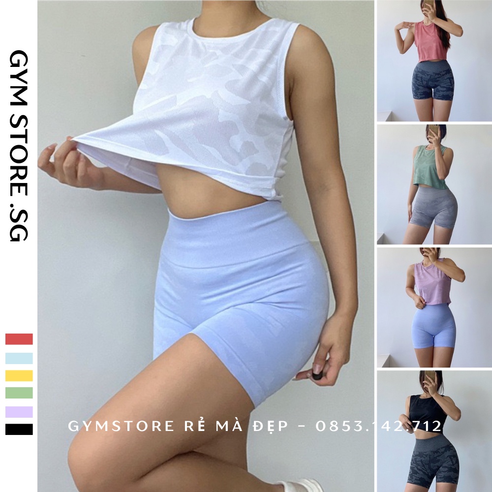 Áo Thun Croptop Không Tay Thể Thao Tập Gym Yoga Cổ Tròn Hoạ Tiết Rằn Ri GYMSTORE 078
