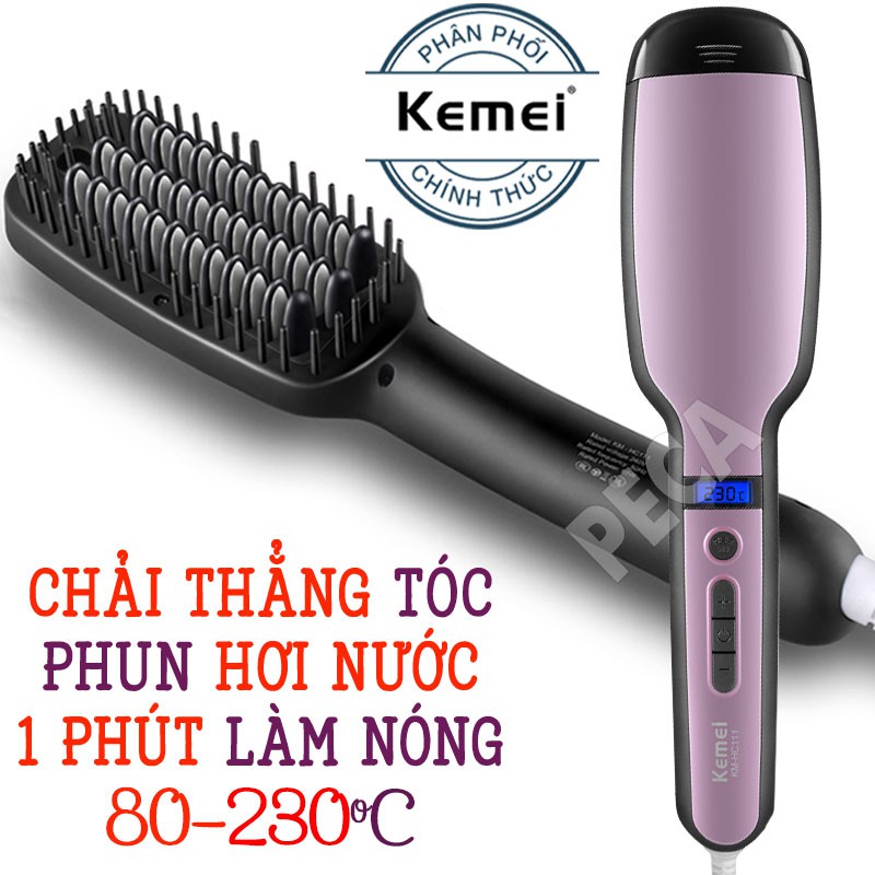 Lược điện chải tóc KEMEI KM-HC111 điều chỉnh nhiệt tích hợp phun hơi nước nano chăm sóc tóc thẳng mềm mượt tự nhiên