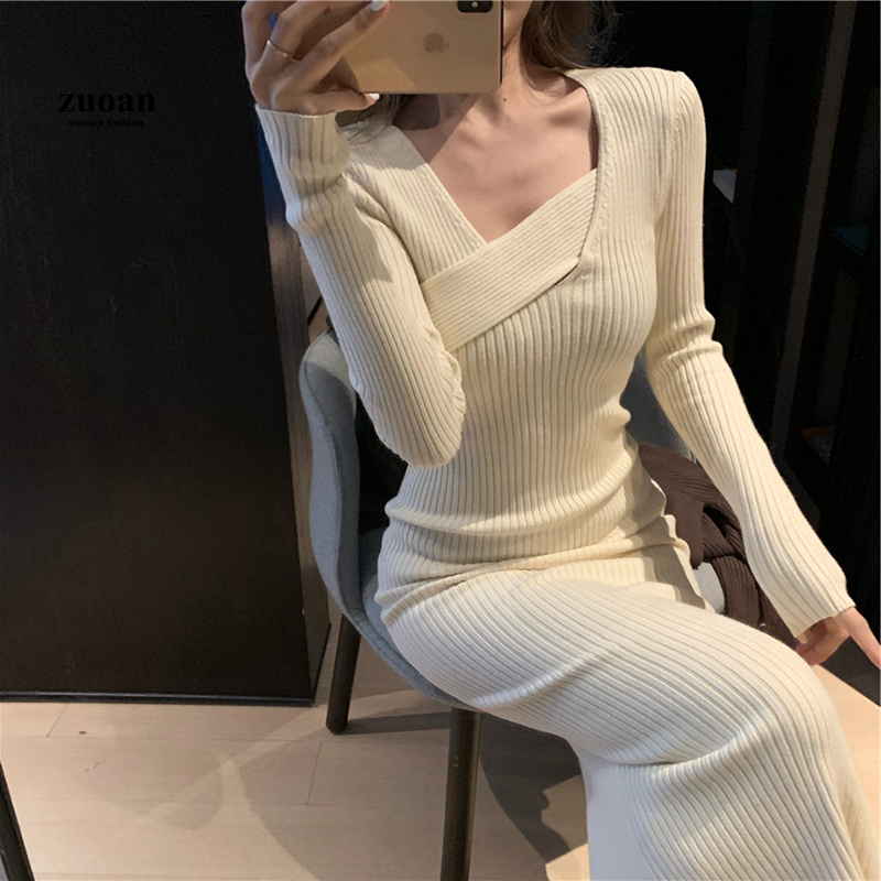 Đầm lửng SUXI dệt kim tay dài dáng ôm phong cách Hàn Quốc thời trang mùa thu mới