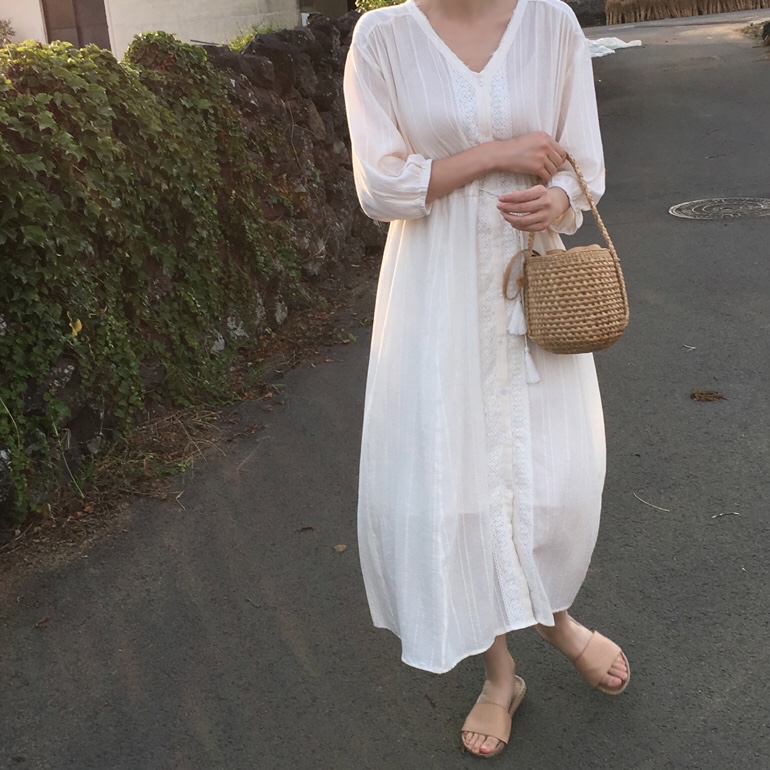 Đầm cotton trắng cổ chữ V thanh lịch phong cách Hàn Quốc 42637
