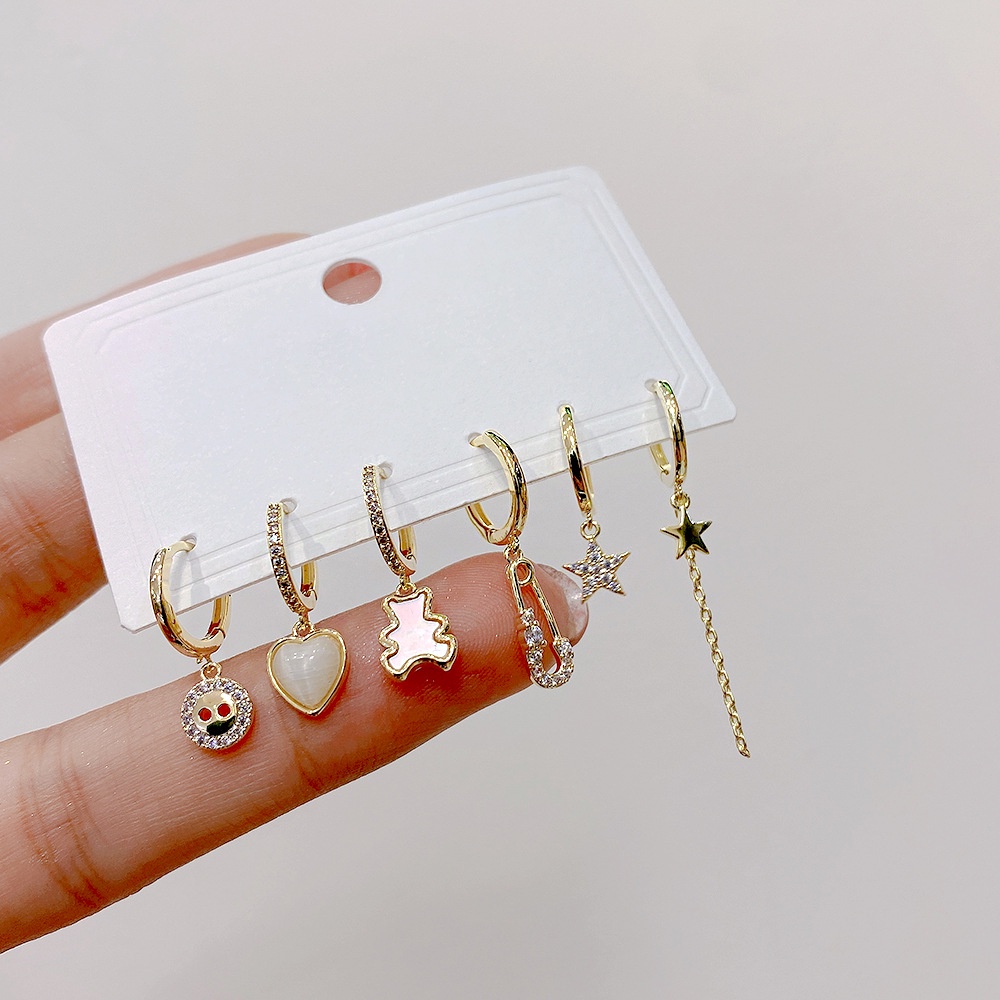 Set 6 Khuyên Tai Tròn Đính Đá Thời Trang Dành Cho Nữ