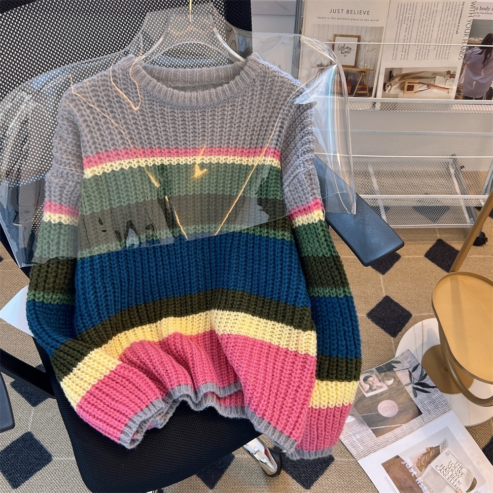 Áo sweater Dệt Kim Dáng Rộng Kẻ Sọc Cầu Vồng Nhiều Màu Sắc Dễ Thương