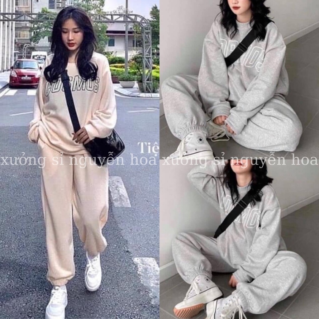 Set bộ nỉ nữ, bộ dồ áo nỉ form rộng in chữ cosmo mix quần bom chất nỉ dày dặn ấm áp 2 màu be/xám Xưởng Sỉ Nguyễn Hoa