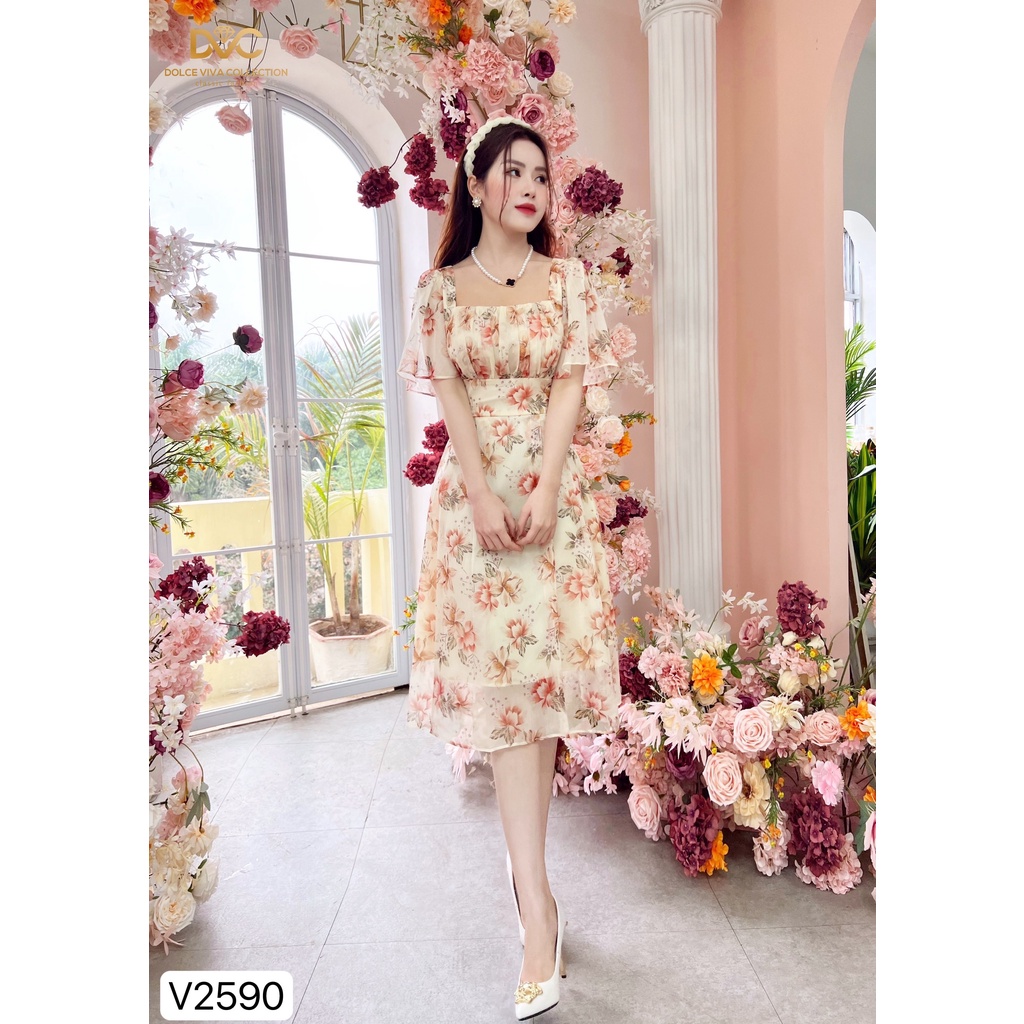 Váy hoa cổ vuông xếp li V2590 - DOLCE VIVA COLLECTION