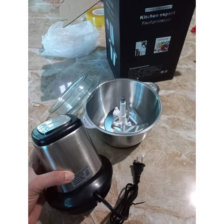 Máy xay thịt đa năng cối 2L inox 304 công suất mạnh mẽ 300W, cầm tay 2 chế độ xay với 4 lưỡi dao siêu bền.