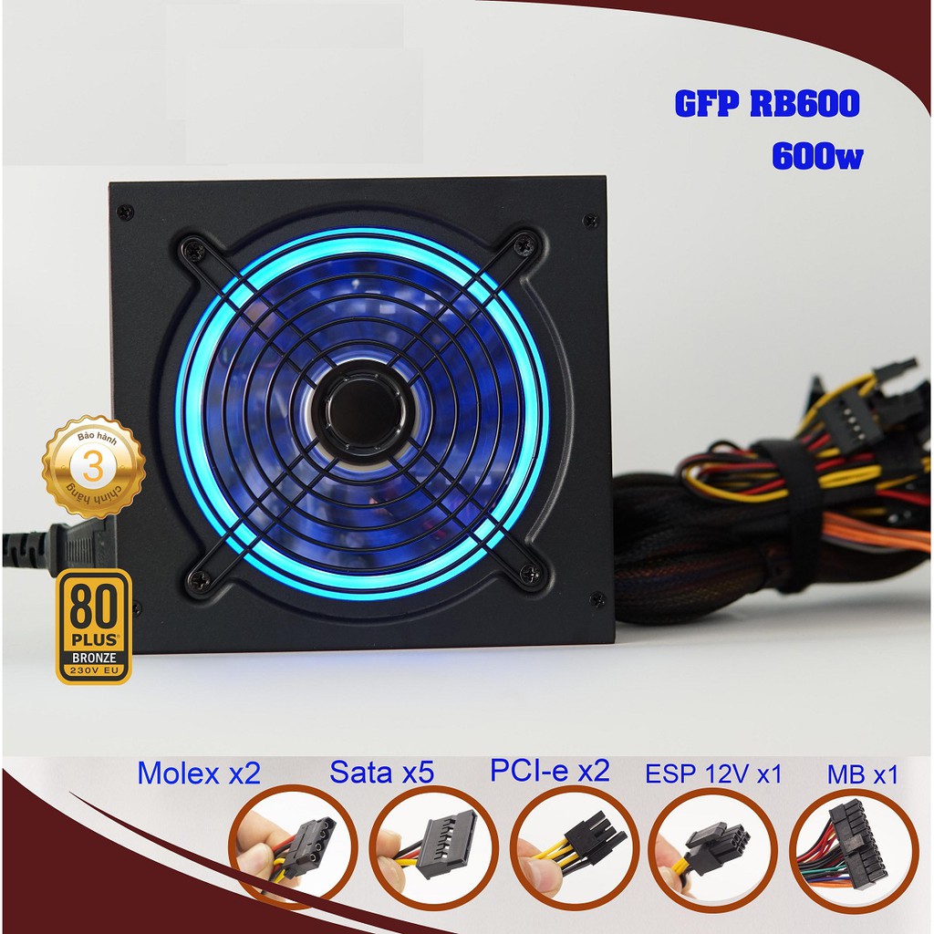 [Tặng 1c Fan Case 12cm (15 bóng) LED 5 màu] Nguồn máy tính VSP 600w có đèn Led RGB Full Box CST kèm dây nguồn + Bh 36 th