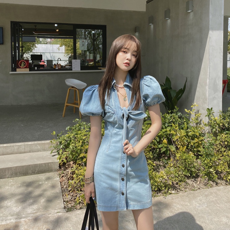 (FREESHIP) Đầm Jean, Váy Jean Tay Bồng Dáng Ôm Siêu Hot Cho Nữ