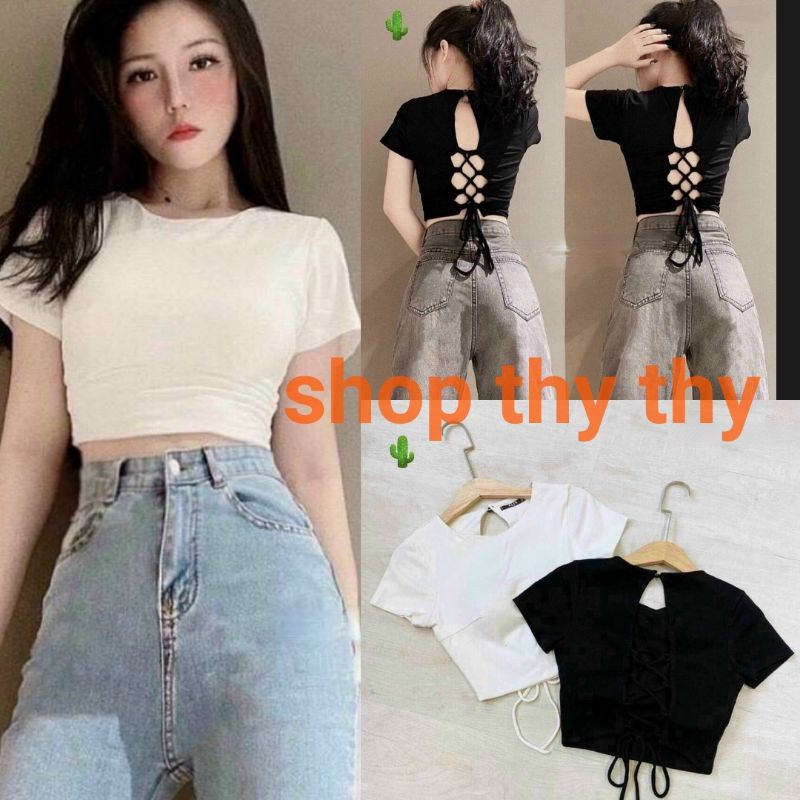Áo croptop tay lỡ nữ hở lưng, cột dây chéo sau lưng phong cách hàn