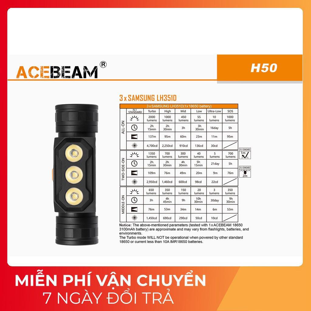 [PHIÊN BẢN FULL MỚI NHẤT 2020] Đèn pin và đèn sạc đeo đầu đội đầu ACEBEAM H50 sáng 2000 lumen xa 137 m