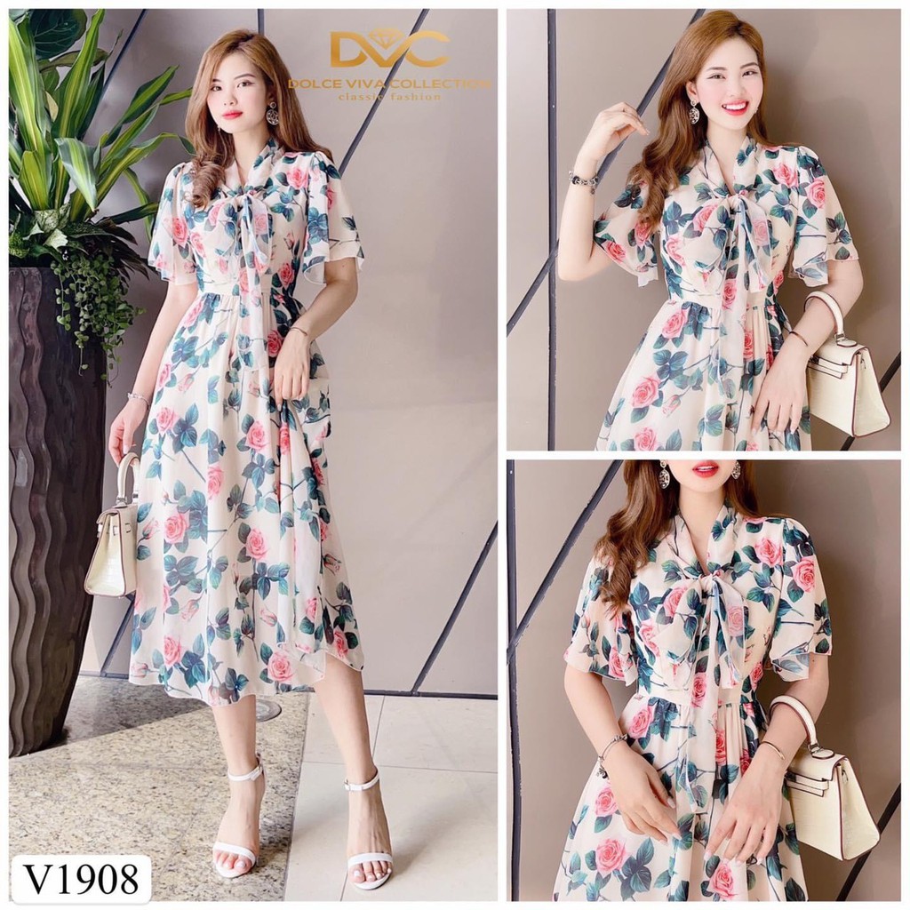 VÁY XÒE HOA HỒNG CỔ NƠ ĐẸP KIỂU DIỄM NỮ DK130 | BigBuy360 - bigbuy360.vn