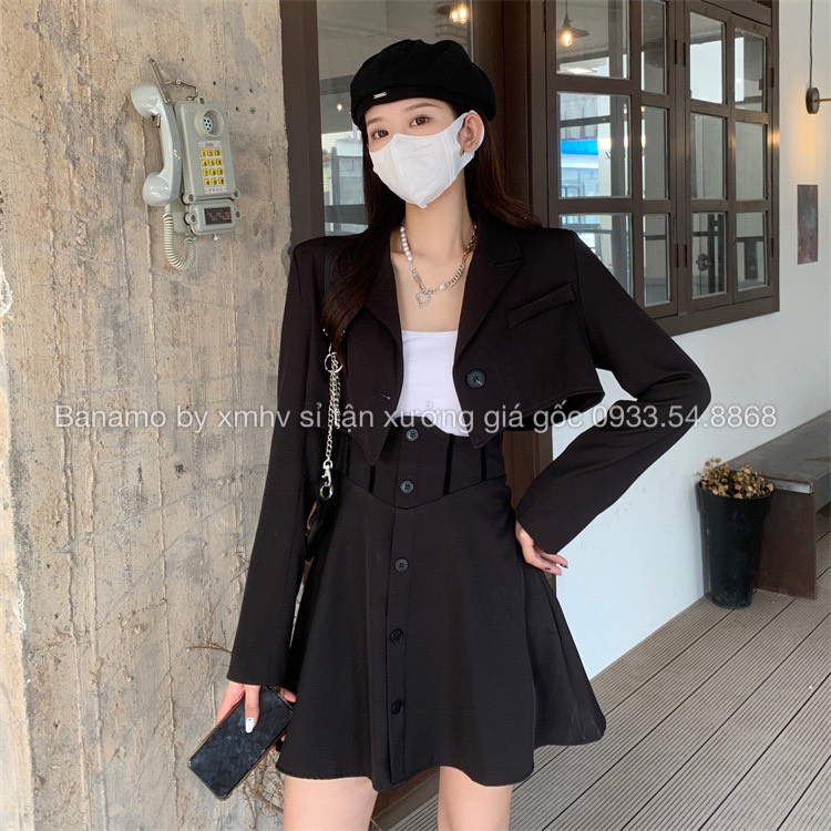 Chân váy xòe cạp cao phối nhung cúc dọc có BIGSIZE thời trang Banamo Fashion 5323