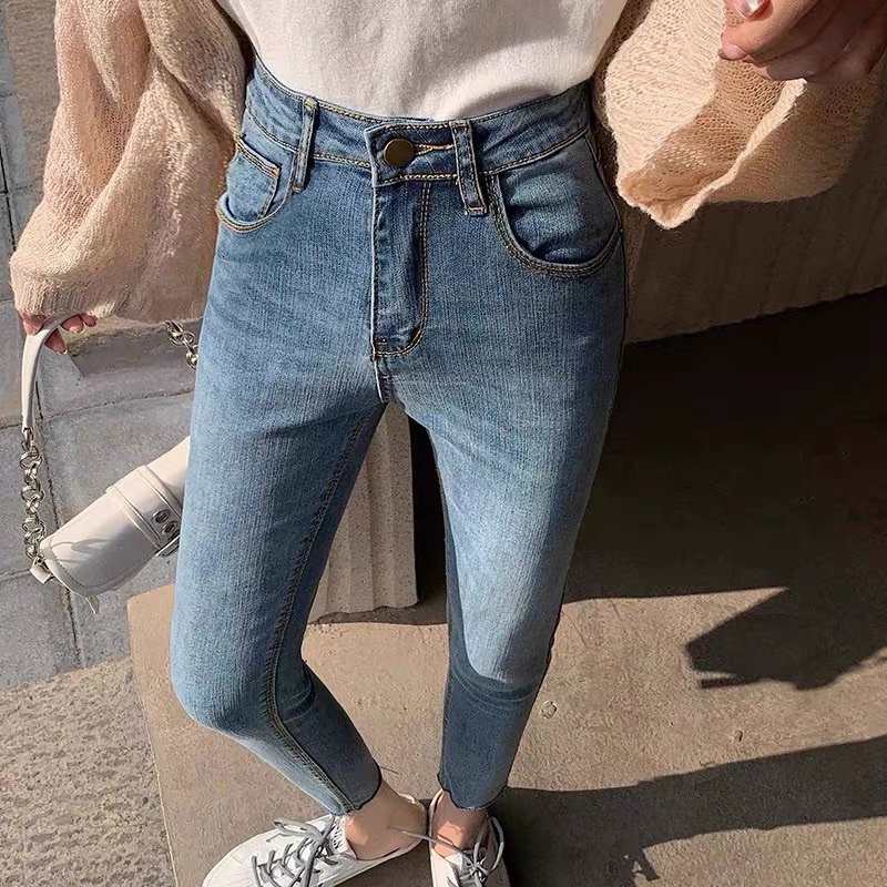 Quần jean ôm nữ màu xanh đá bụi, quần bò nữ was lưng cao quảng châu hack chân