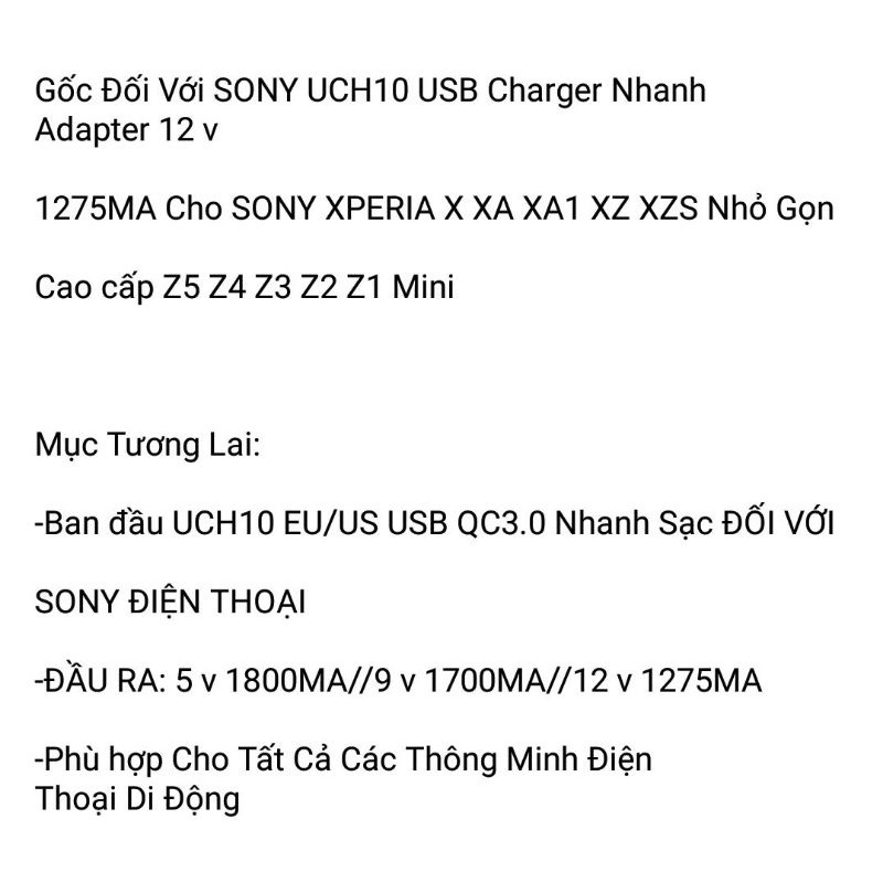 Sạc Nhanh Sony UCH10 Cho Z3+ Z4 Z5 Zin Chính Hãng