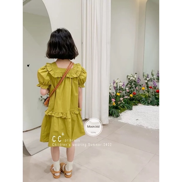Váy đầm chun bèo cổ vuông cho bé gái