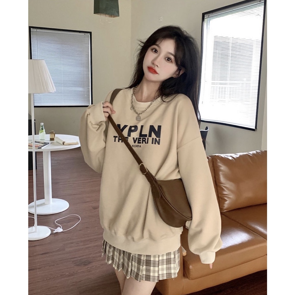Set áo sweater nỉ chữ mix chân váy xoè caro có lót trong