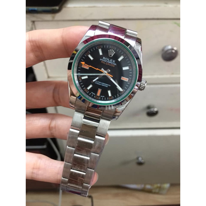 Đồng hồ Nam Rolex cơ automatic dây kim loại máy Nhật 38mm mặt đen vỏ trắng