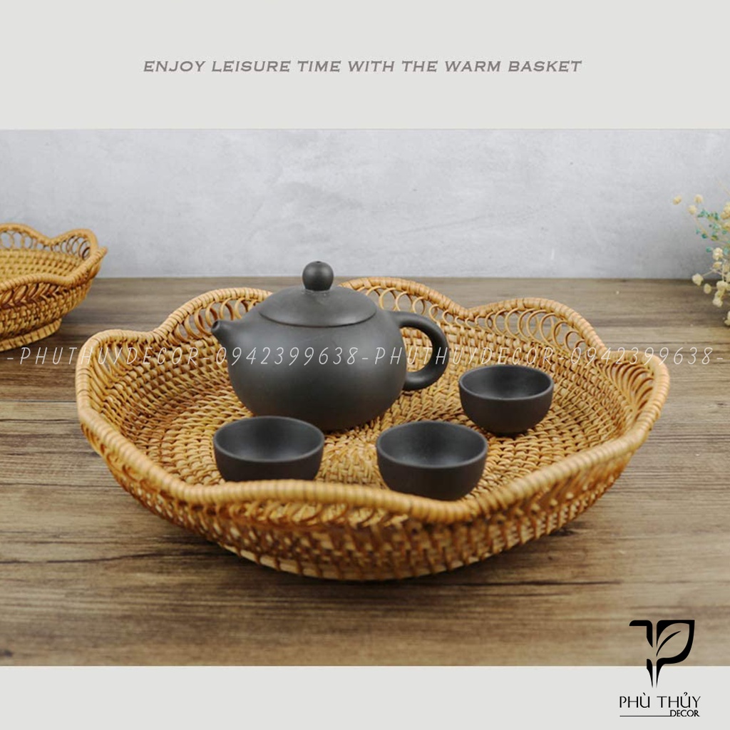 Khay mây, giỏ mây viền sóng lượn, đĩa mây decor, đựng hoa quả, bánh kẹo