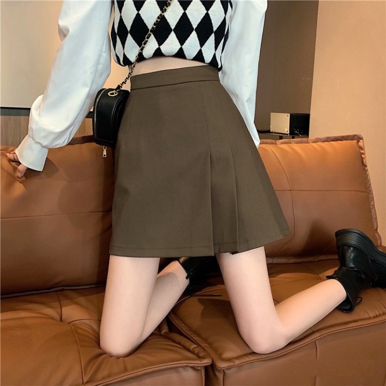 chân váy ngắn chữ A xếp ly lệch tà có quần trong 2 màu nội y xanh chất đẹp mầu nâu, đen