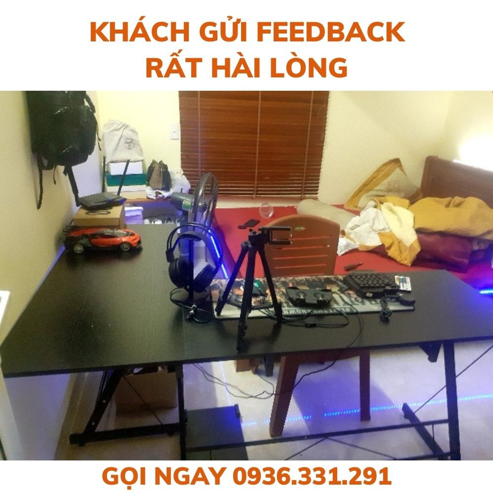 Bàn làm việc chữ L chân chéo mặt gỗ phủ laminate có khung sắt phun sơn tĩnh điện, bàn game