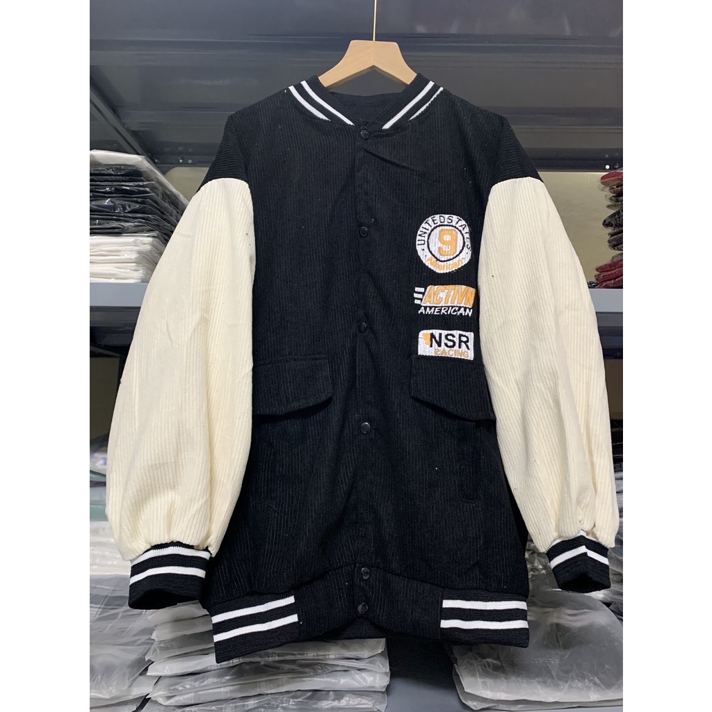 Áo khoác bomber nhung phối tay họa tiết logo NSR trước ngực/ Áo khoác thu đông nam nữ tay bồng phom rộng unisex | BigBuy360 - bigbuy360.vn