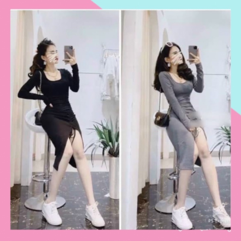 Đầm body tay dài xẻ tà chất thun đẹp - Đầm nữ sexy xẻ đùi năng động