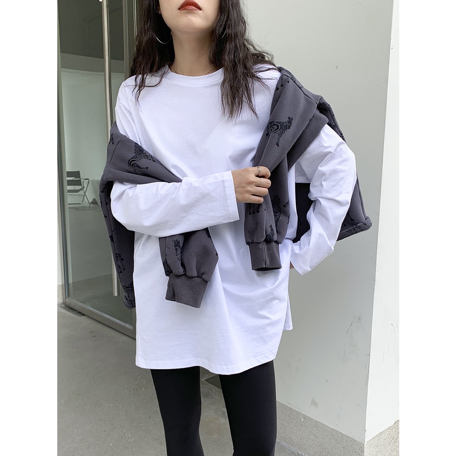 Áo thun tay dài màu trơn dáng rộng phong cách thiết kế Hàn Quốc