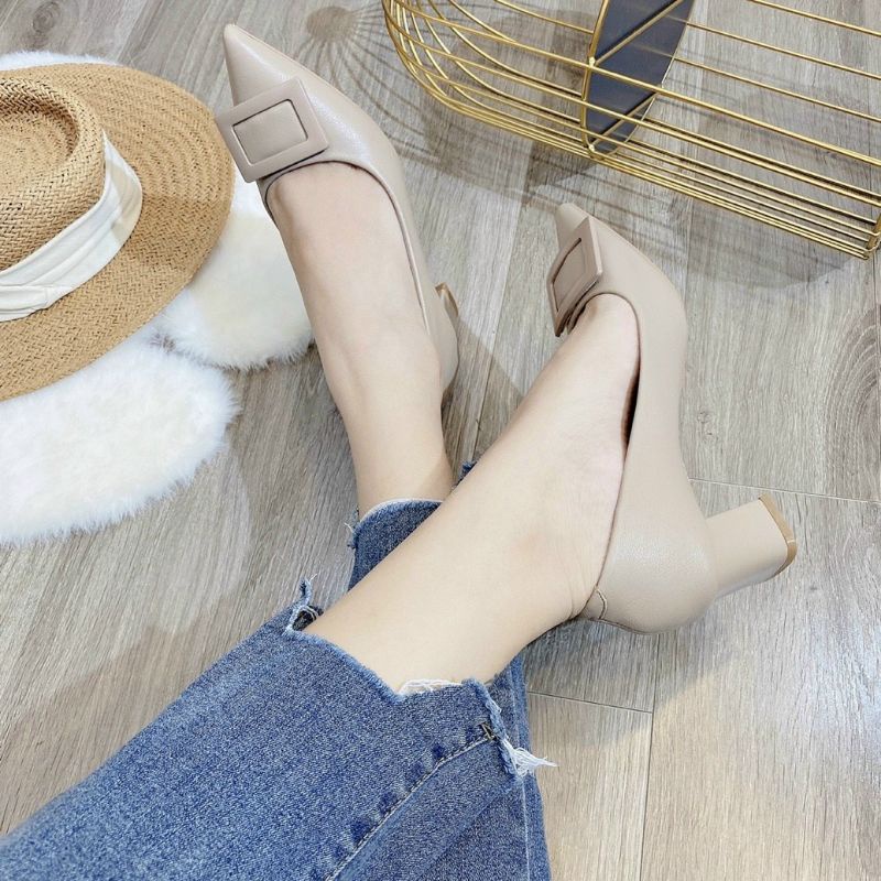 giày cao gót gót vuông 7cm da mịn đen be mẫu mới cao cấp