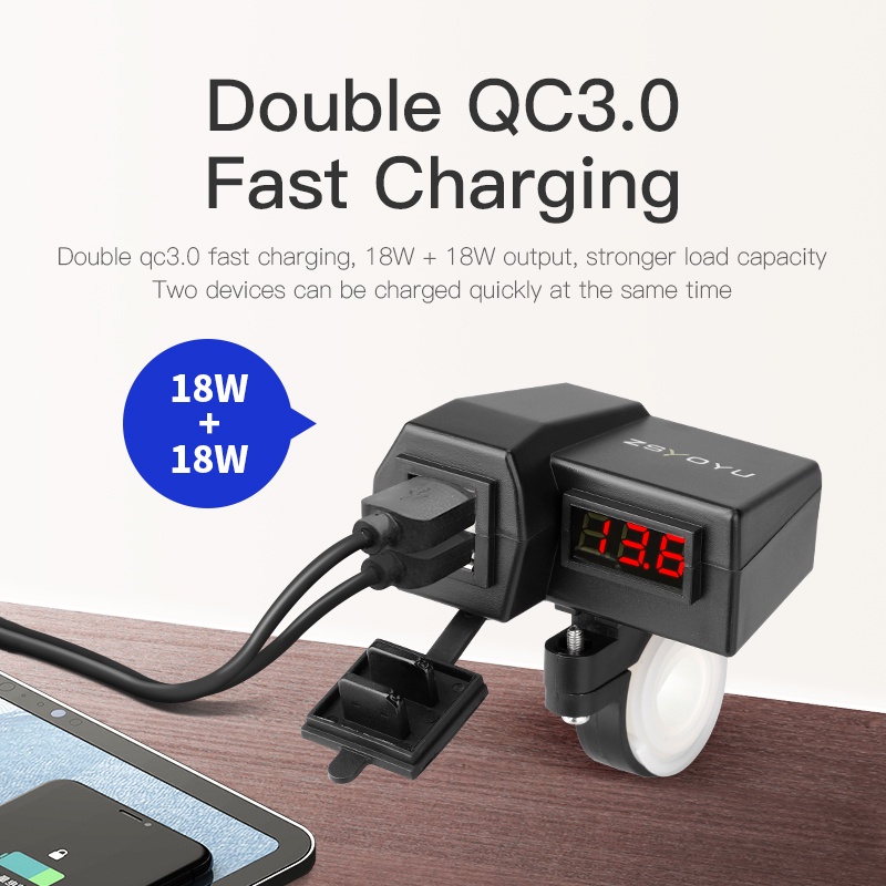 Bộ sạc nhanh QC3.0 12-24V USB chống thấm nước có công tắc cho xe máy