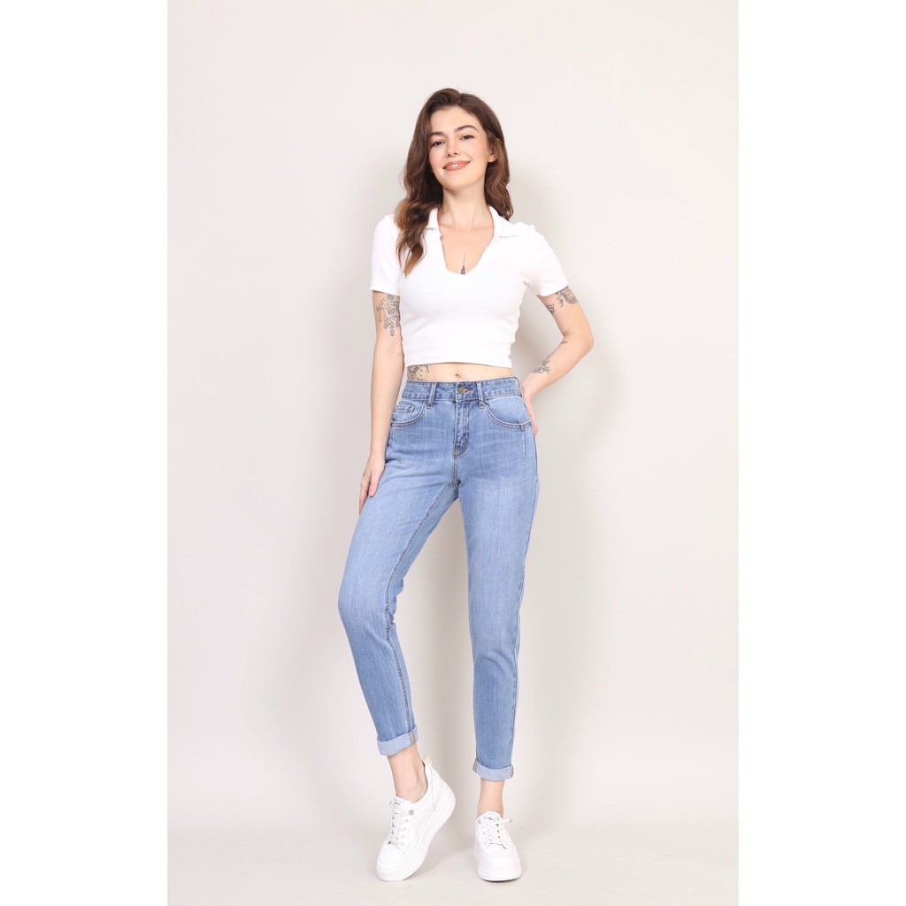 Quần Jean Nữ Boyfriend Trơn hoạ tiết sọc Túi co giãn CT Jeans