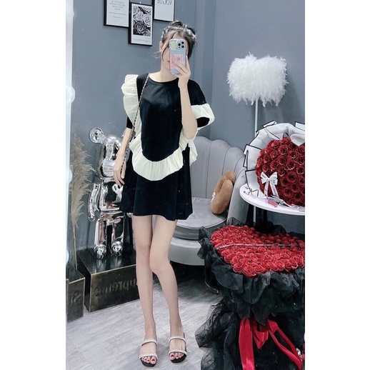 [NEW] Váy Đen Phối Viền Tay Bèo ❤ Áo Váy Dáng Suông Chất Cotton Mềm Mịn Siêu Hot