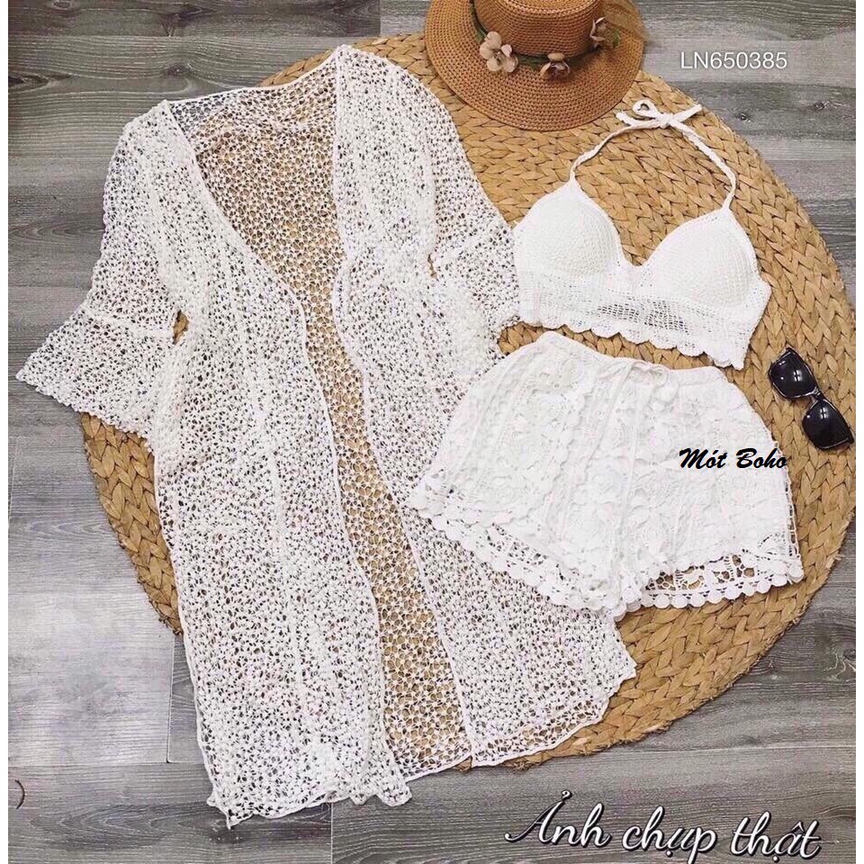 Sét bikini 3 món len móc Hà Hồ (khoác dài, màu trắng)