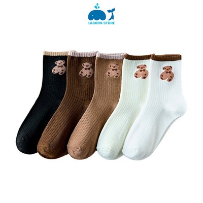 Tất nữ cổ cao Laboon vải thun cotton thêu hình gấu, co giản thấm hút mồ hôi