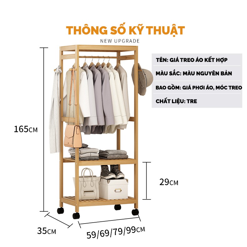 Tủ treo quần áo có bánh xe đơn giản sang trọng kết hợp kệ để đồ đa năng tiện dụng