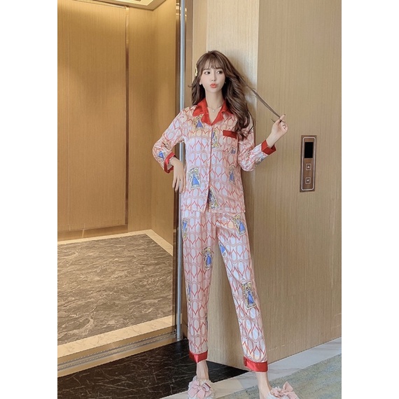 Đồ bộ lụa Pizama mặc nhà, Đồ Bộ ngủ họa tiết tay dài