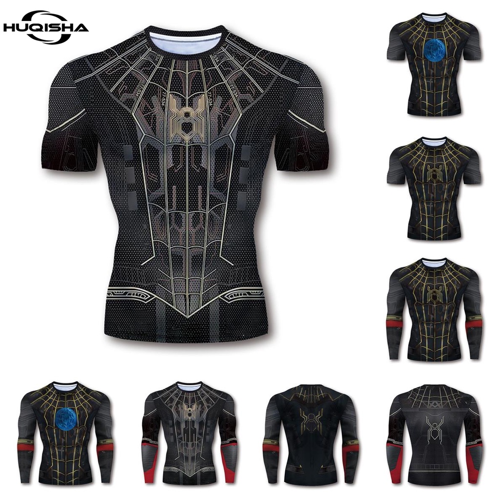 Áo thun HUQISHA Spiderman thể thao bó sát thời trang mùa hè cho nam