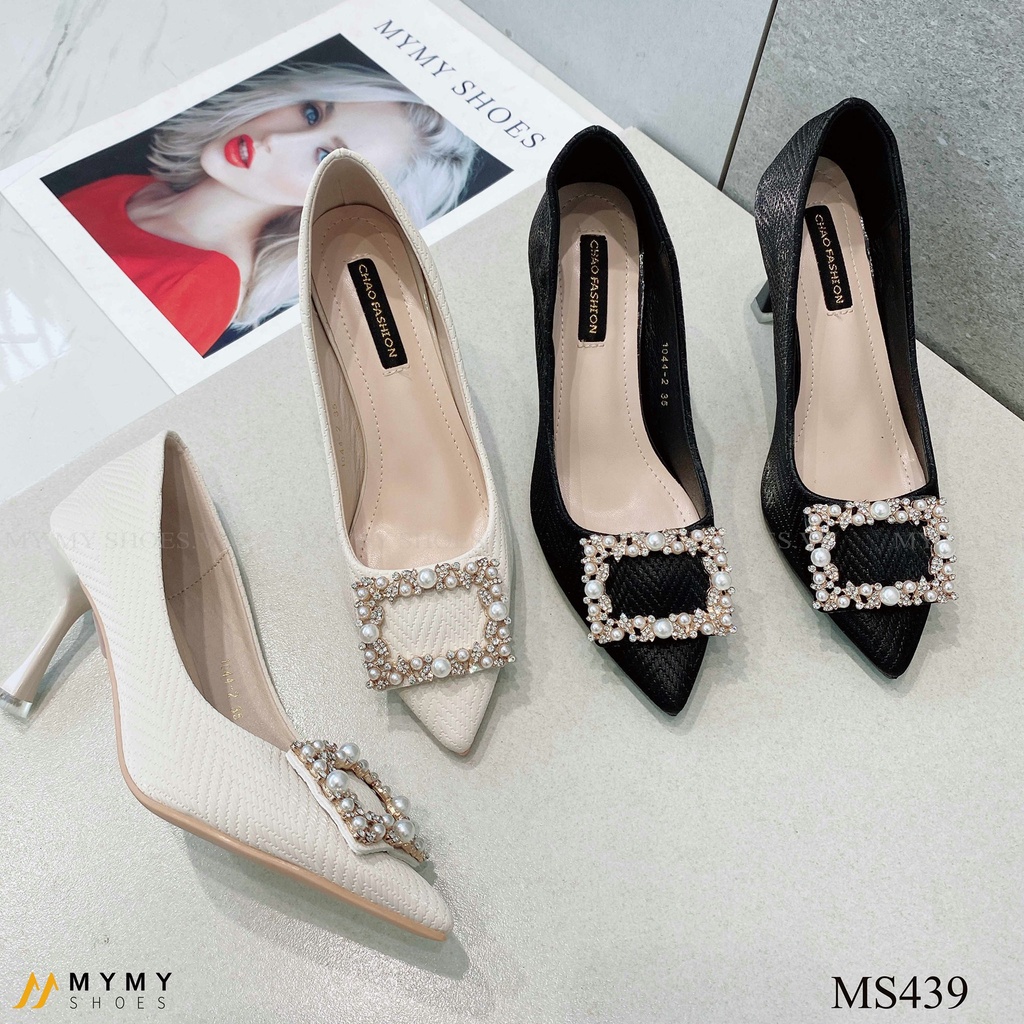 MS439 Giầy da lì đan gắn đá pha ngọc chữ nhật gót nhọn 7p