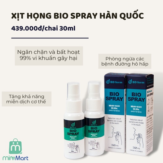 Xịt họng sinh học BIO SPRAY Bdferm Hàn Quốc 30ml, xịt khử khuẩn sinh học tăng cường miễn dịch nhập khẩu chính hãng