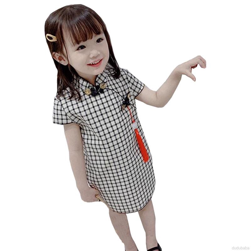 Đầm Bé Gái Sọc Caro Phong Cách Trung Hoa