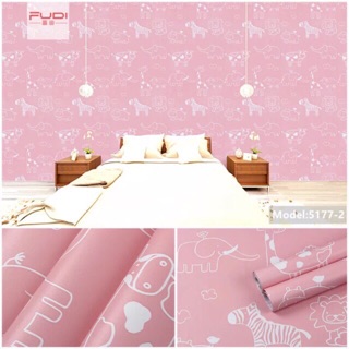 Giấy dán tường hình vẽ con vật nền hồng 10mx 45cm có keo