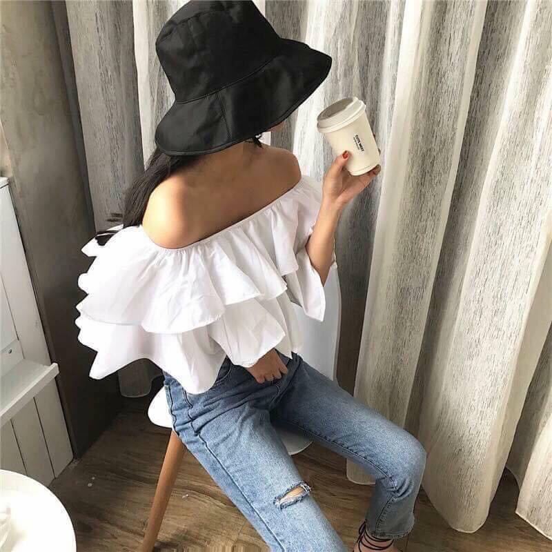 Áo croptop 2 tầng Áo trễ vai bẹt vai 2 tầng xoè trắng và caro