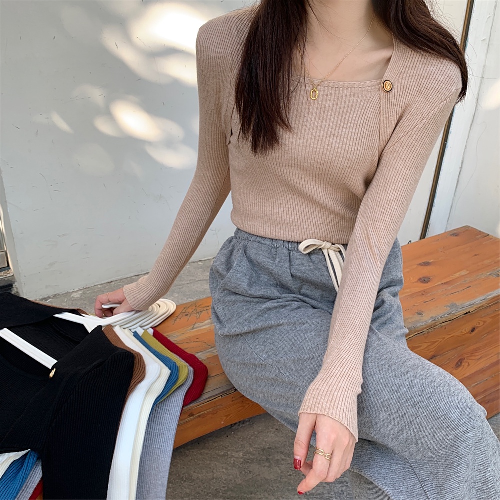 Áo sweater ZHELIHANGFEI tay dài cổ vuông hở xương quai xanh phong cách sang trọng dễ phối đồ